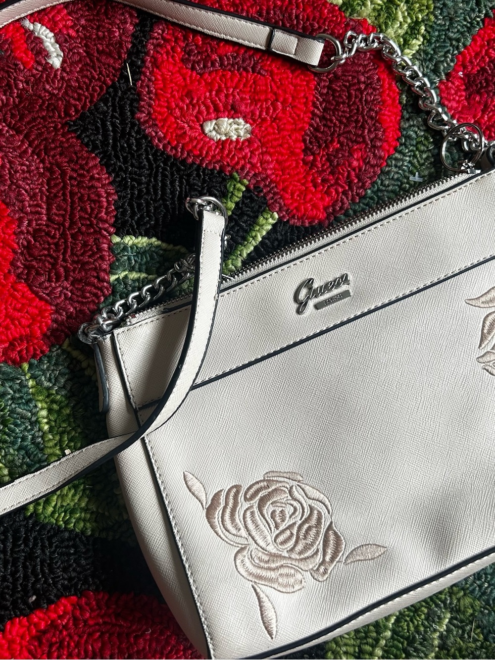 Guess Shoulder Bag w/ Embroidered Rose Detail